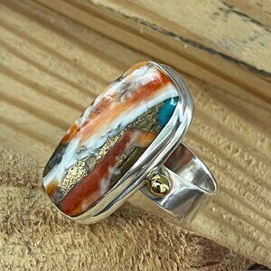 Sterling Silver 925 Brass Ring Oyster Copper Turquoise Modern Chunky Size 8